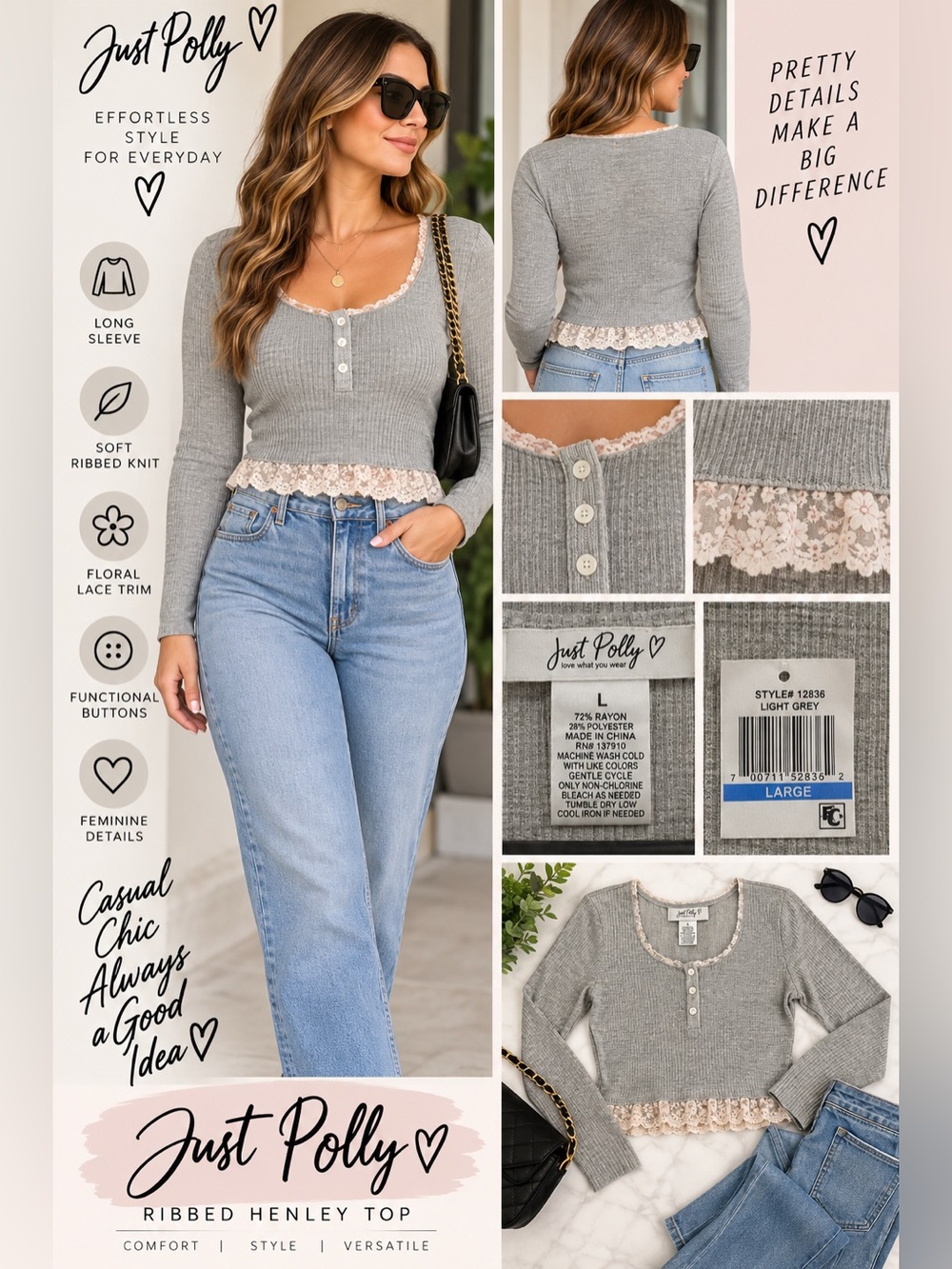 Striped Ribbed Henley Long-Sleeve Top with Floral Ruffle Hem - Light Gray NEW L